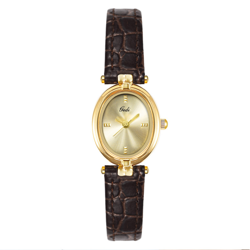Vintage Women's Dress Watch – Sunburst Gold Dial Black Leather Strap