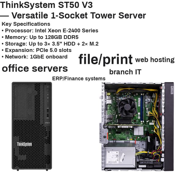 ThinkSystem ST50 V3 4U Tower Server with Xeon Processor and 128GB DDR4 Memory