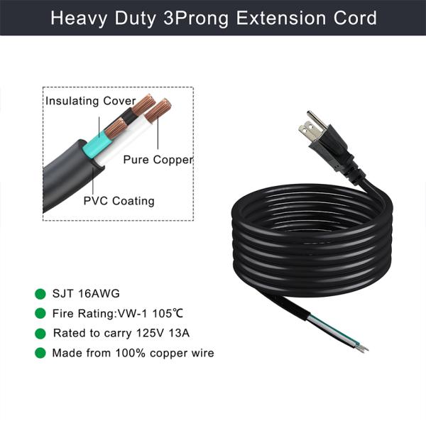 NEMA 5-15P Cordón de alimentación con alambre de barra de lata 3 conductores US cable de enchufe para cableado DIY, panel, uso de bloques terminales
