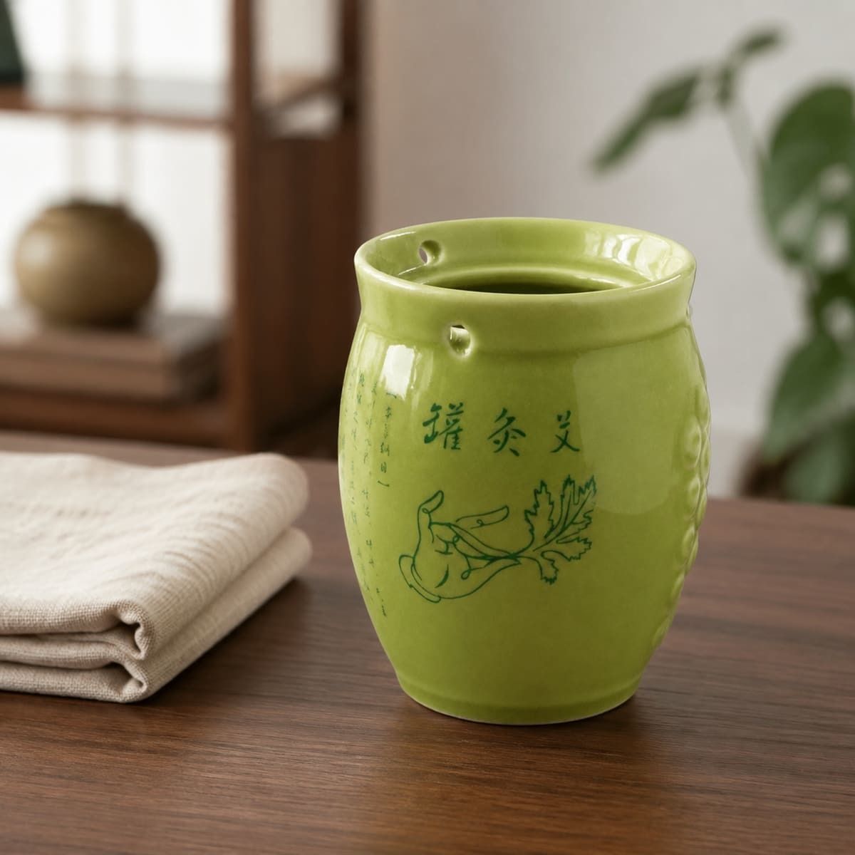 Green Glazed Ceramic Moxibustion Jar for Wholesale Accessory Supply