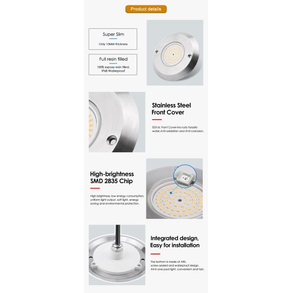 IP68 Underwater PAR 56 Pool Light 6W SMD2835 Dimension 110*34MM Ultra Thin 10MM