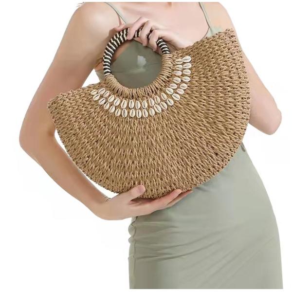 Beach Crochet Hand Bag Brown Shell Decor 32cm×18cm×5cm Size