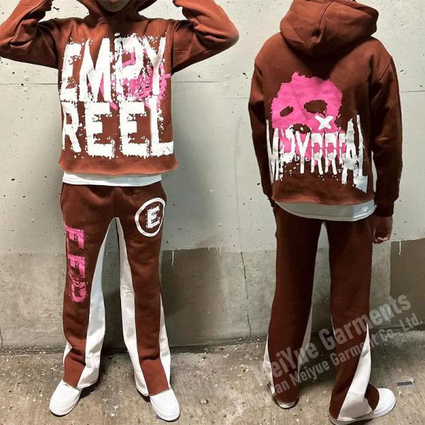 Custom Streetwear Cropped Hoodie Men Vintage No String Pullover Cut and Sew Hoodies Flared Sweatpants and Hoodie Set