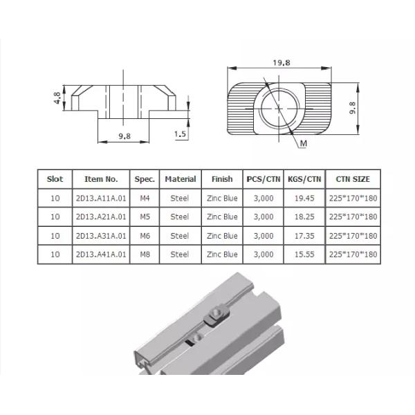 40 Series 10 Zinc Plated Steel T Slot Nuts M4 M5 M6 M8 Hammer Nut Long Life