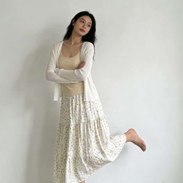  Elegant Tiered Floral Midi Skirt - Cream Ditsy & Purple Watercolor (Two Stunning Options)