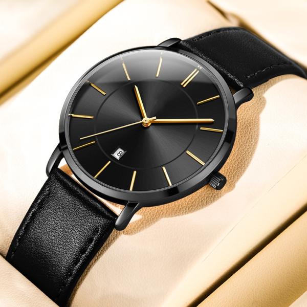 Ultra Thin Quartz Dress Watch Leather Simple Large Dial for Business Men