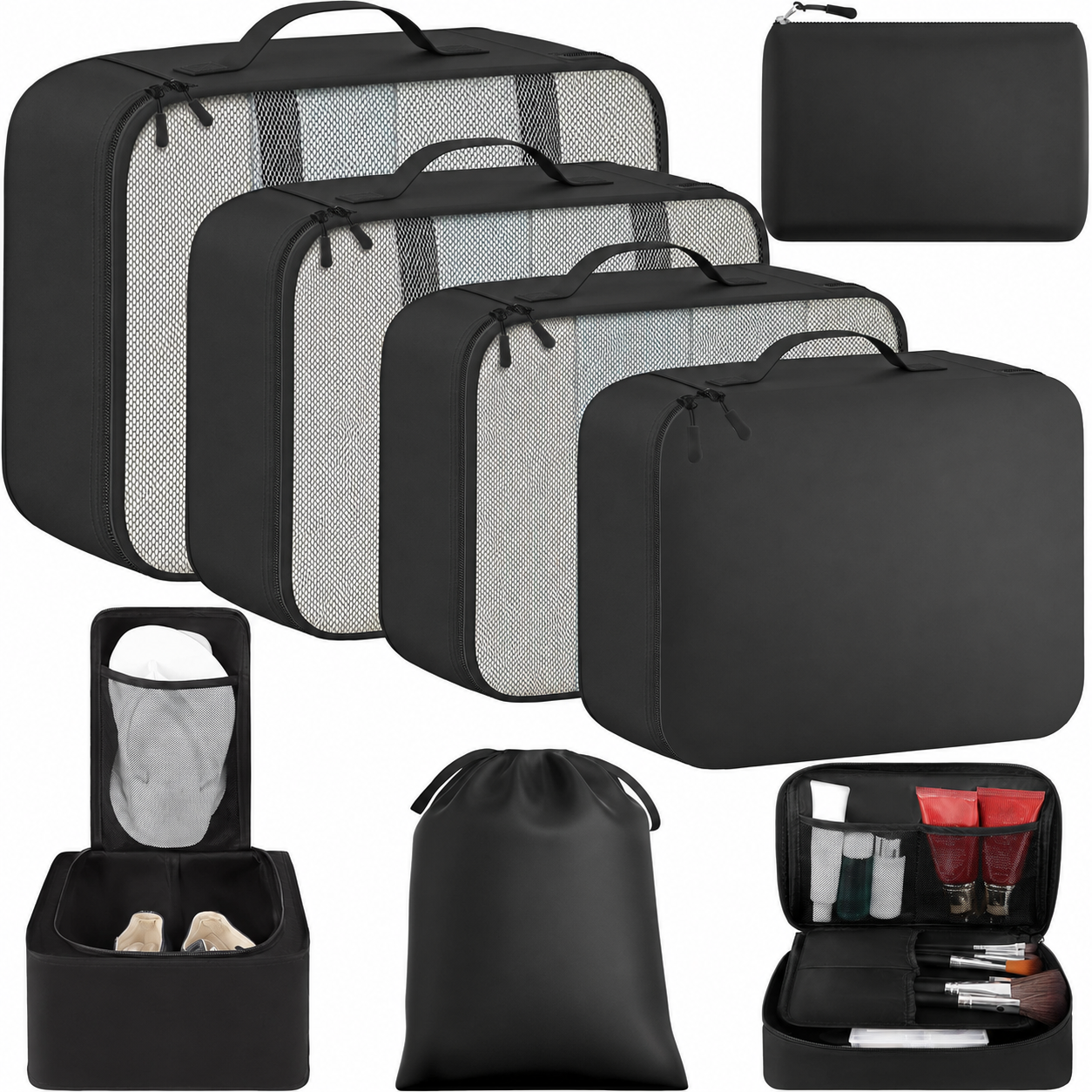 8-Piece Packing Cubes for Travel, Space Saving Luggage Organizer Set with Multiple Sizes, Suitcase Packing Bags for Clothes, Shoes & Accessories, Jet Black