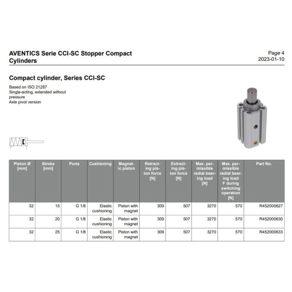 Aventics Pneumatic Piston Rod Cylinder CCI-SC R452000627 Compact Stopper Cylinder