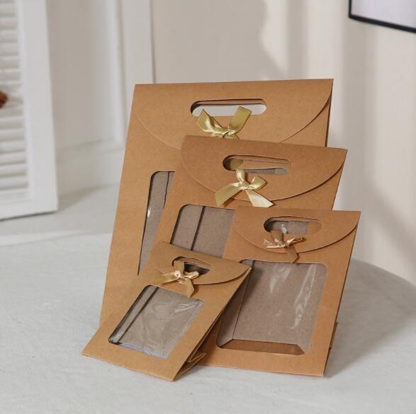 Bow - Knot Die Cut Handle Kraft Packaging Bags With Opening Window Brown Stand Up Pouch