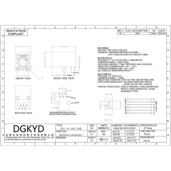 RJ11 Connector All Plastic Lightless Mesh Port Connector 6P6C Without Reinforcement Ribs DGKYD59211166IWA1DY1