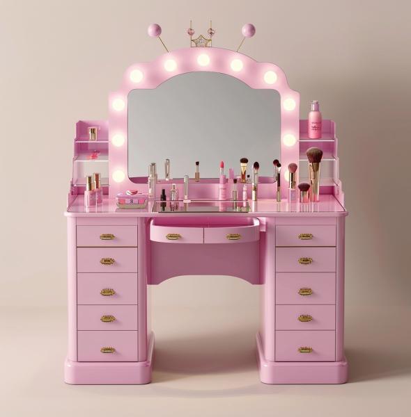 Bedroom Makeup Sets LED Lighted Mirror Vanity Table With Drawers And Storage Shelves Adjustable In Pink