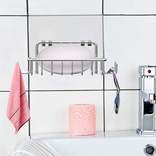 No Drilling Stainless Steel Adhesive Soap Dish Soap Holder for Shower Wall with 4 Hooks