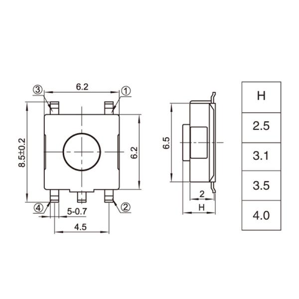 кран кнопки Pin тактильного переключателя SMD 5 тактичности 6.2x6.2x2.5-4.0H красный главный