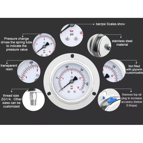 60mm Back Connection Pressure Gauge with Flange 250bar 304ss Liquid-Filled Manometer