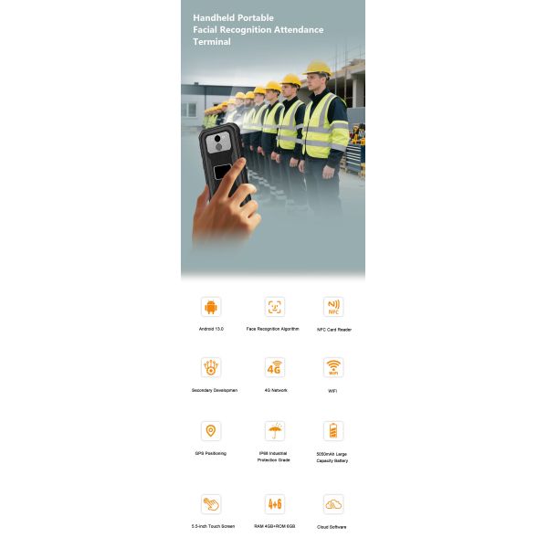 5.5 Inch Touch Screen 、 0.3s Fast  Face Recognition Time Attendance Terminal - 5000 Face Capacity for Mobile Attendance