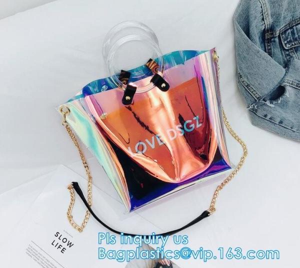 fashion women's handbag tote bag with zipper shopping bag ladies handbag shiny durable clear PVC lady bag with pouch