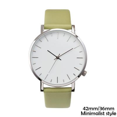 Non Branded Minimalist Waterproof Watch 3 Bar Green Leather Band