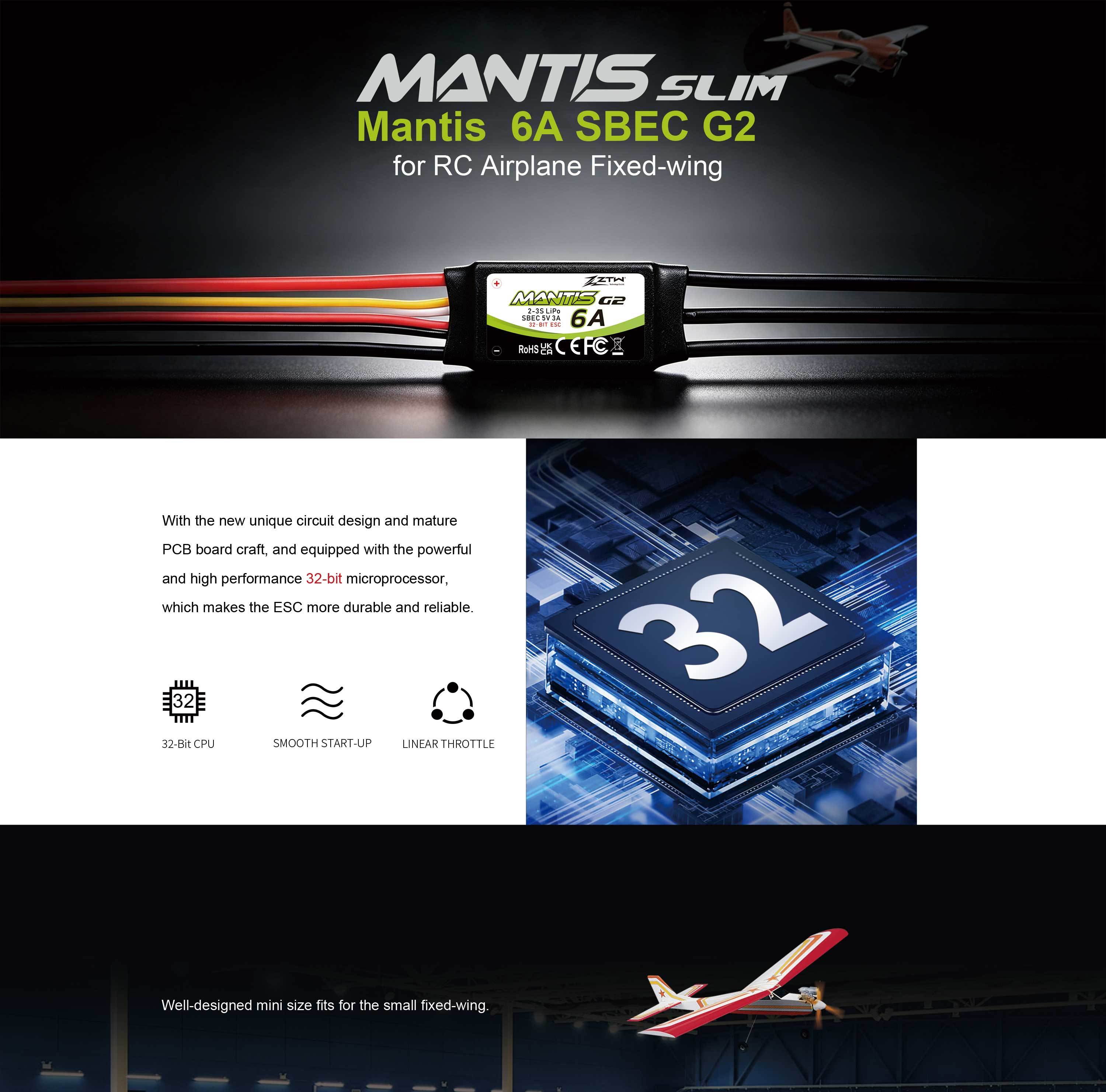 32 Bit ESC 2-3S ZTW Mantis 6A SBEC G2 With 5V/3A BEC Drone Speed Controller