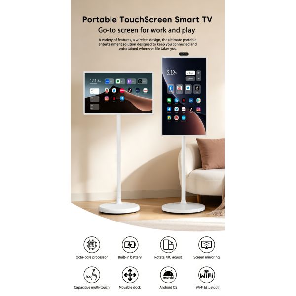 MJK 21.5 Inch Indoor Portable Smart TV LED LCD Monitor with Android OS Capacitive Touch Built-in Battery Full HD