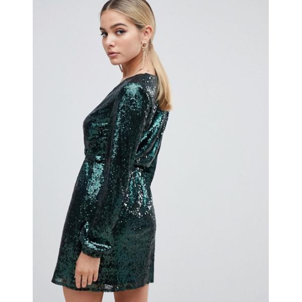 OEM sequin wrap front long sleeve green skater dress