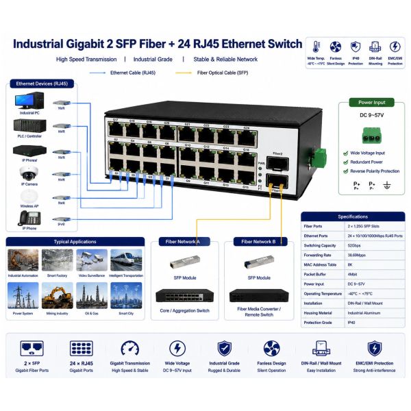 DIN Rail Industrial Fiber Switch Gigabit 2 SFP Fiber Ports 24 RJ45 Ethernet Ports