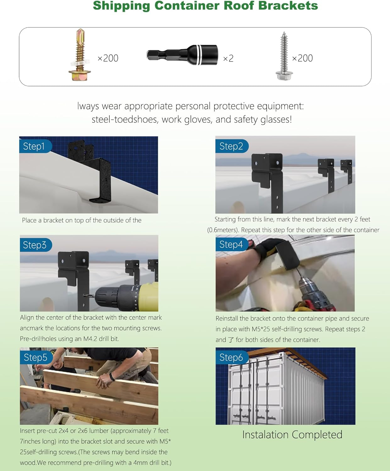 Container Roof Brackets Kit, 6PC Heavy Duty for 2x4 Wood Frame Durable Steel Brackets for Shipping Container Roof Overhaul Heavy Duty Roof Supports for Container, Prevents Water Damage