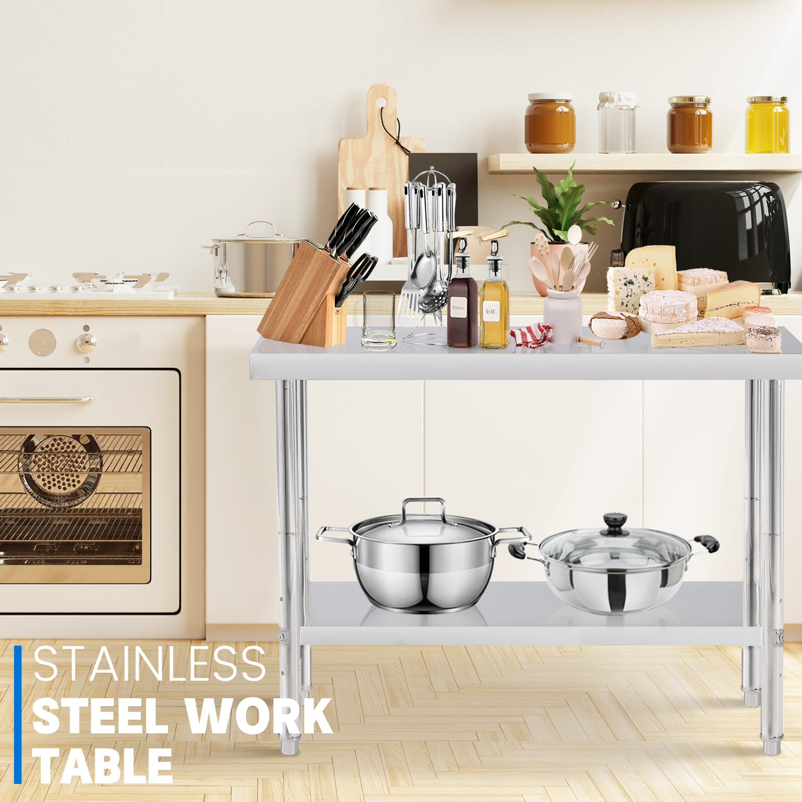 Durable Construction Stainless Steel Work Table with Customized Size and Easy Mobility for Commercial Kitchen