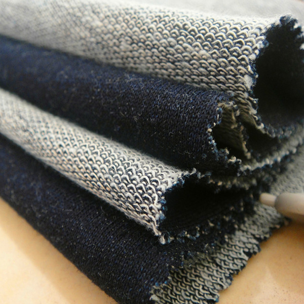 100%cotton indigo french terry fabric/knit denim for jeans