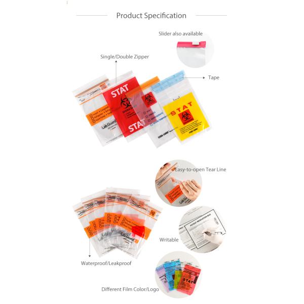 Biohazard Specimen Bags,Zip Specimen Transport Bag, Tear Off Pouch Bags, Attached Document Pouch. Printed Transport Bags