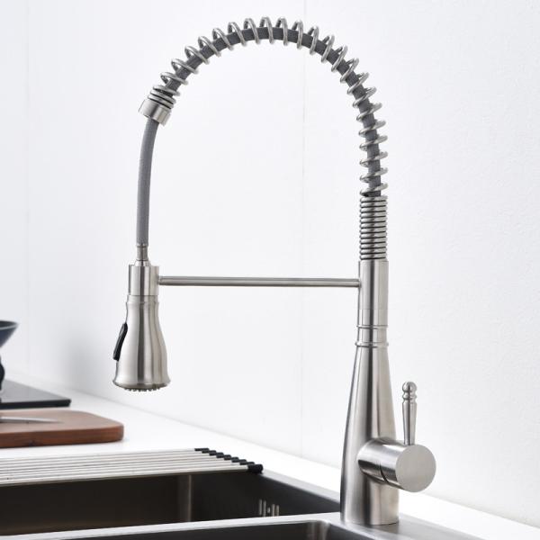 Commercial Spring Spout Single Lever Kitchen Faucet 18/10 Stainless Steel PEX Hose