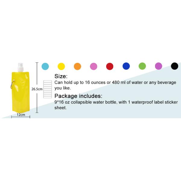 Collapsible Sports Water Bottle 3 Pack, Foldable Leak Proof Travel Bottles for Camping and Hiking, 480 mL Capacity