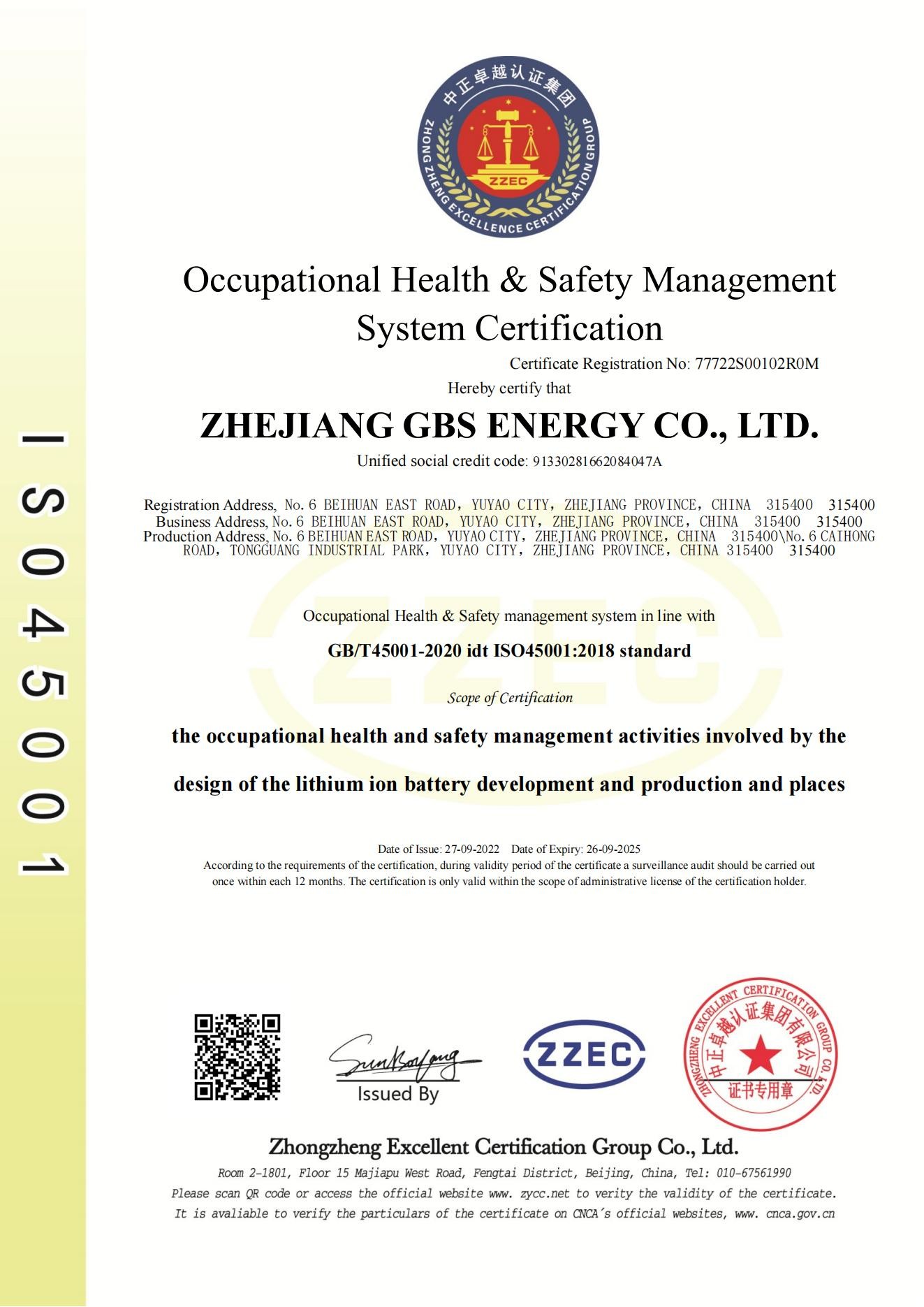 Zhejiang GBS Energy Co., Ltd. Сертификации
