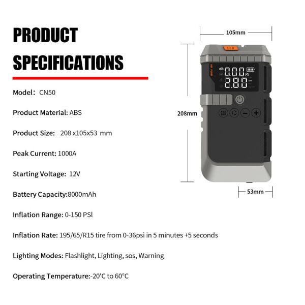 Portable Battery 8000mAh Jump Starter With Air Compressor Type C Car Battery Jump Box Battery Tyre Inflator