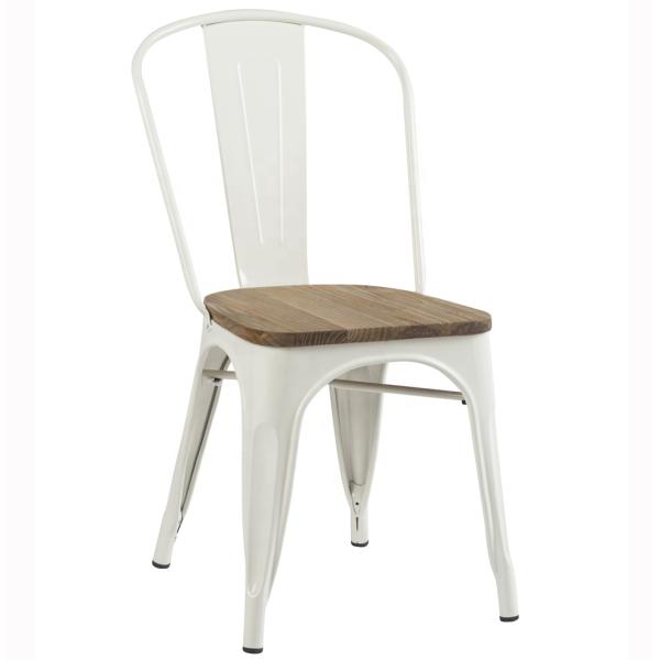 White Cafe Tolix Dining Chair Stackable Metal Restaurant Chairs With Wooden Seat