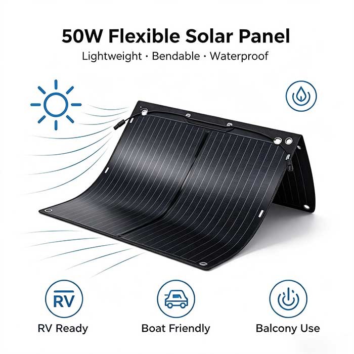 50W Flexible Foldable Solar Panel, 360° Bend‑Resistant Carbon‑Fiber Solar Charger for RV Boat Yacht Balcony