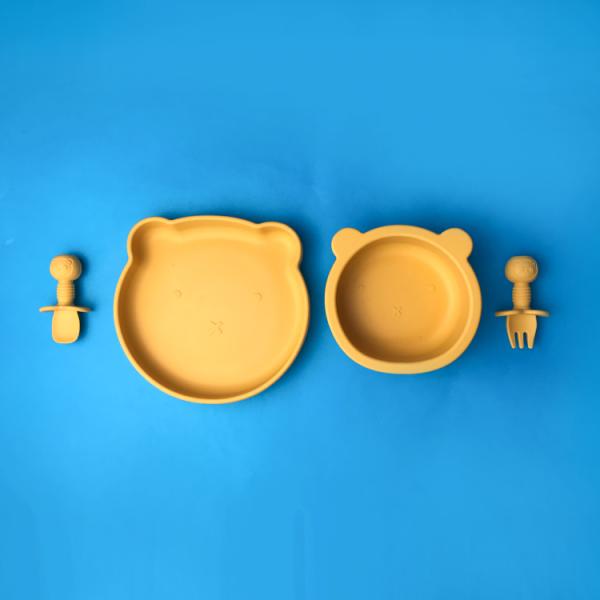 Durable Mini Suction Plate And Bowl Set Silicone Bear Shape For Baby Feeding