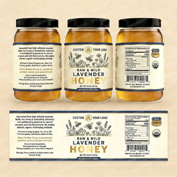 Custom Design Gold Stamping Food Honey Labels Durable Waterproof Adhesive Vinyl Paper Stickers Packaging Label for Bottles Jars