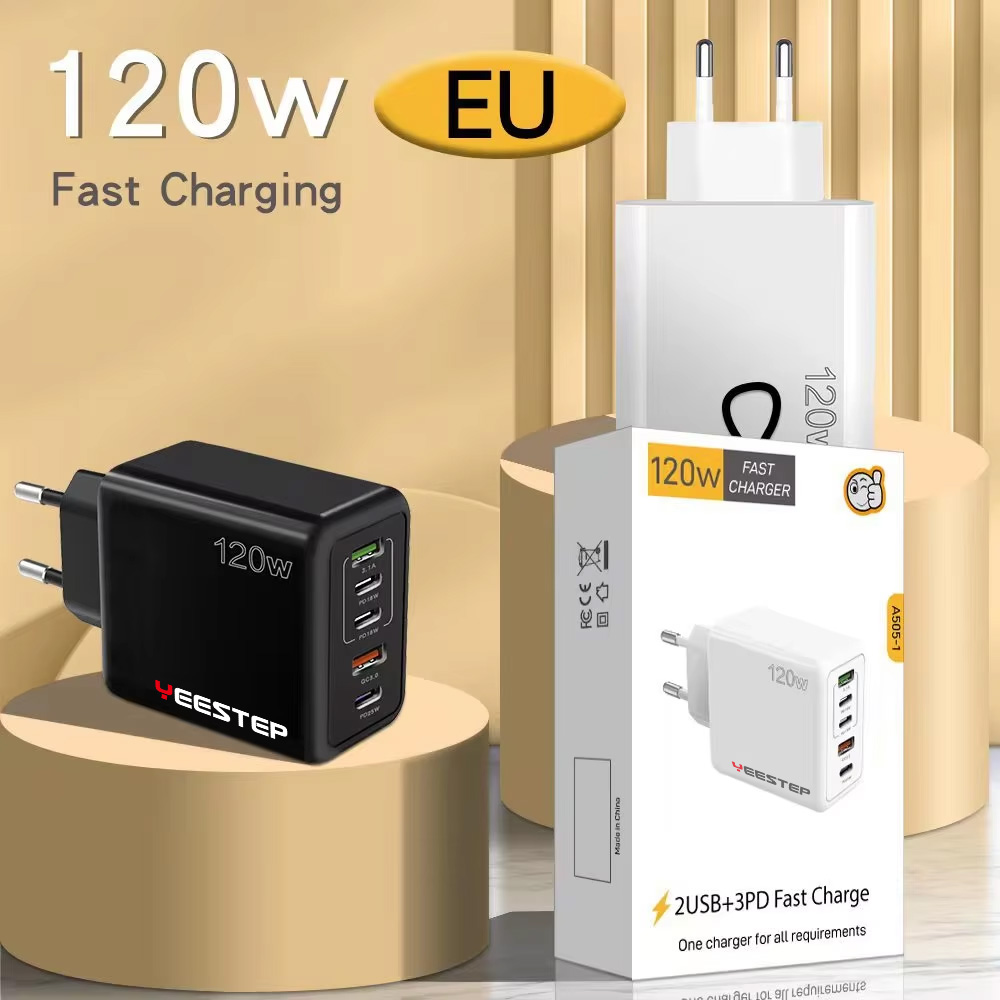Yeestep E-bike 120W Wall Charger 3USB + 2C Plastic Fast Charging Adapter for Android Phones EU/UK/US