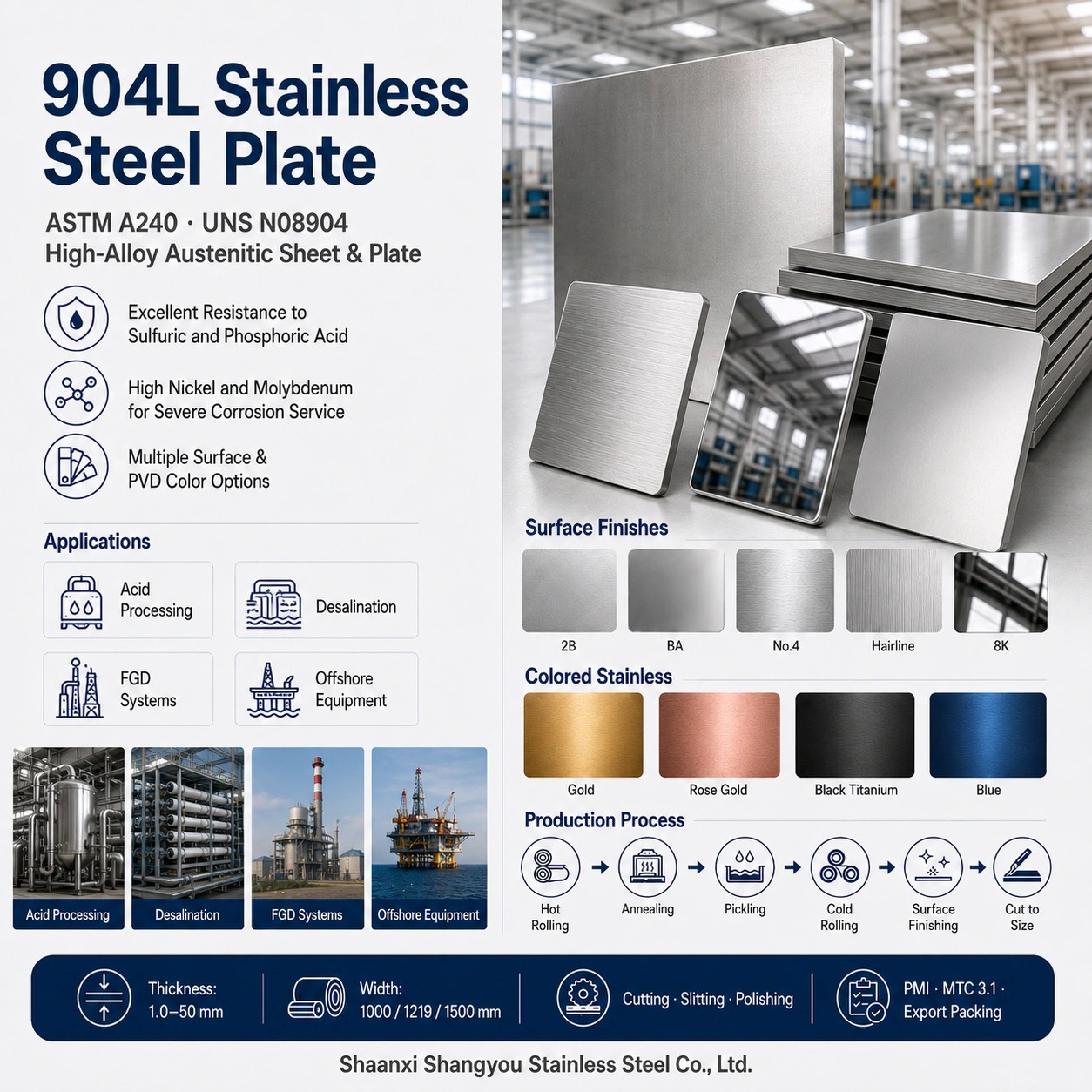 ASTM B625 904L Stainless Steel Plate UNS N08904 with Copper Additions for Sulfuric Acid Resistance