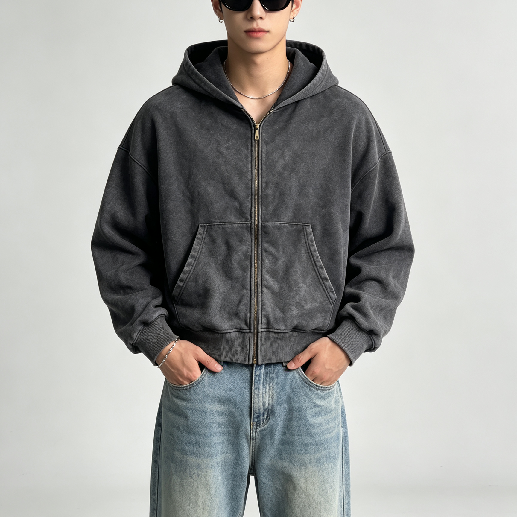 Vintage Acid Wash Men's Heavyweight Hoodie Full Zip Vintage Streetwear Hoodie Cursive Embroidery