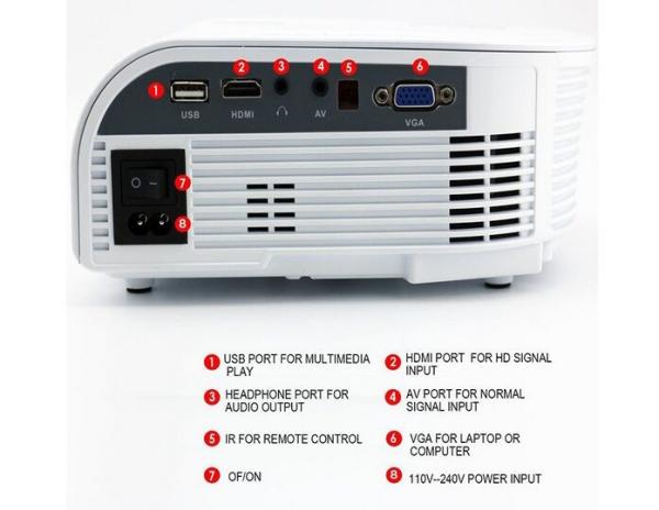 1200 Lumens 800x480 HDMI/AV/VGA/USB Input LED Video Projector HD Home Theater Projector