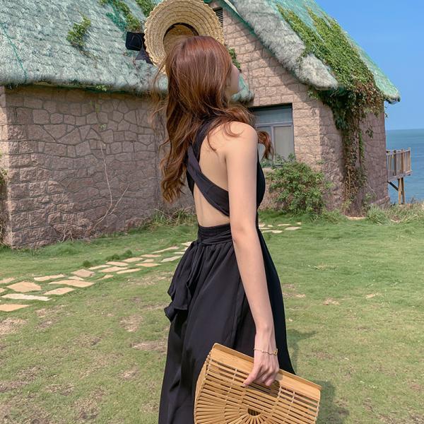 Backless Tie 136cm Black Chiffon Beach Dress V Neck Halter Strap Split