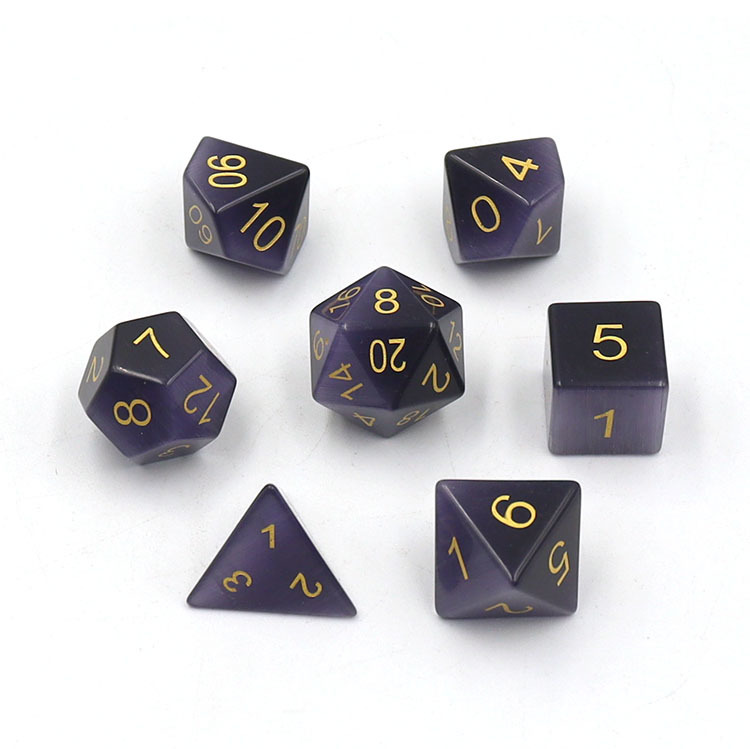 Natural Purple Cat's Eye Stone Polyhedral Dice Set - Hand Carved DND Dice with Golden Paint Engraved Numbers