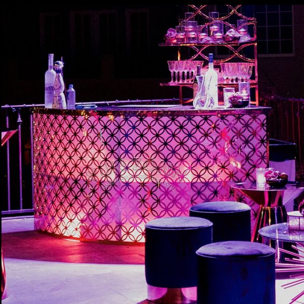 Party Events Gold Stainless Steel Frame Round Metal LED bar Table with Glass Top