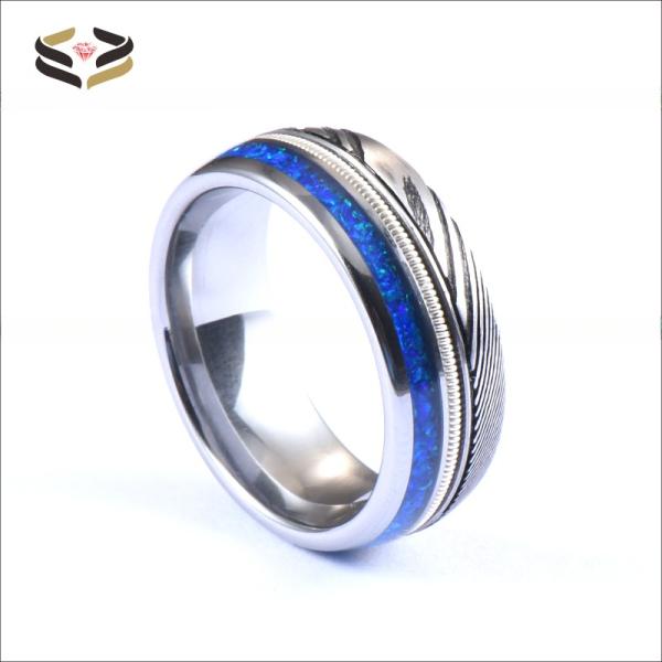 Chasse à l'homme Damas Anneaux de mariage en acier 8 mm Opal bleu Argent Guitare à cordes incrustée