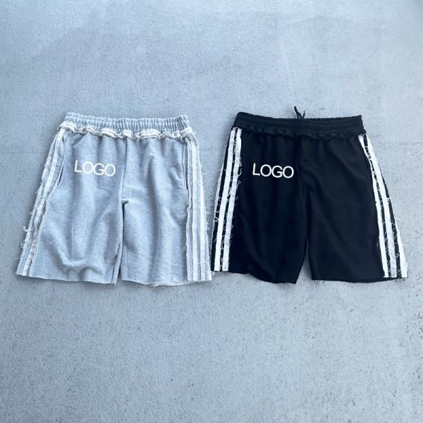 Custom Print Embroidery Logo Distressed Stripe Raw Hem Vintage Men's Shorts French Terry Cotton Jogging Shorts
