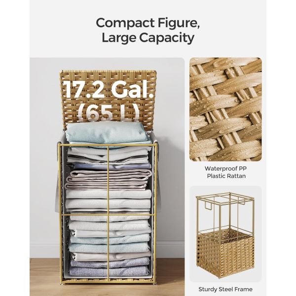 Laundry Hamper With Lid, 23.8 Gallon (90 L) Synthetic Rattan Clothes Laundry Basket With Lid And Handles, Foldable, Removable Liner, Goose Yellow
