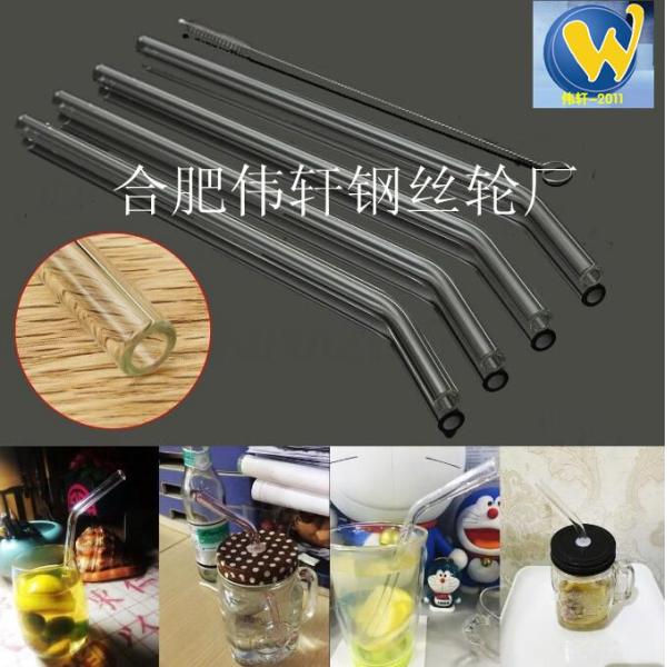 5 Pcs Reusable Bent Glass Tube Drinking Straw Sucker Cleaning Brush