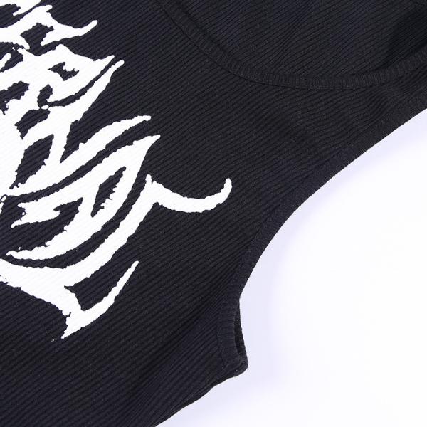 Skull Print Women Crop Top Shirt U Collar Contrasting Color