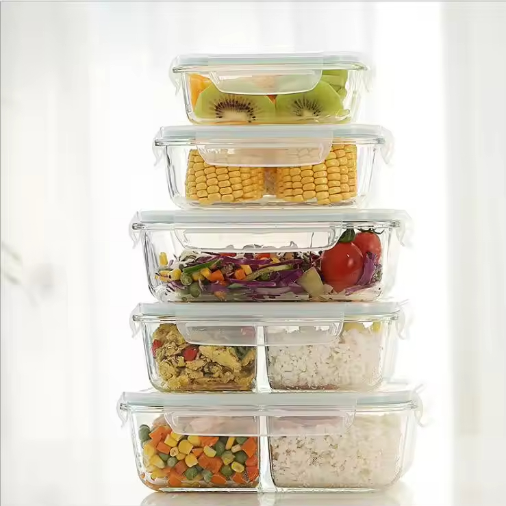 High Quality 2 Compartment Glass Lunch Box with Lids Microwavable Food Storage Containers for Kitchen Use